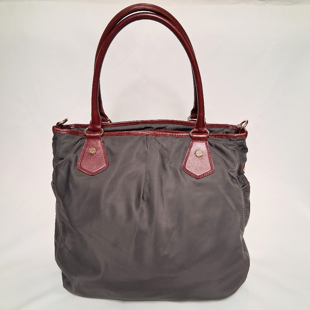 MZ Wallace Gray Nylon Tote Bag with Burgundy Accents